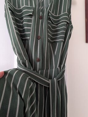 Monteau Green and Cream Striped Sleeveless Jumpsuit With Belt